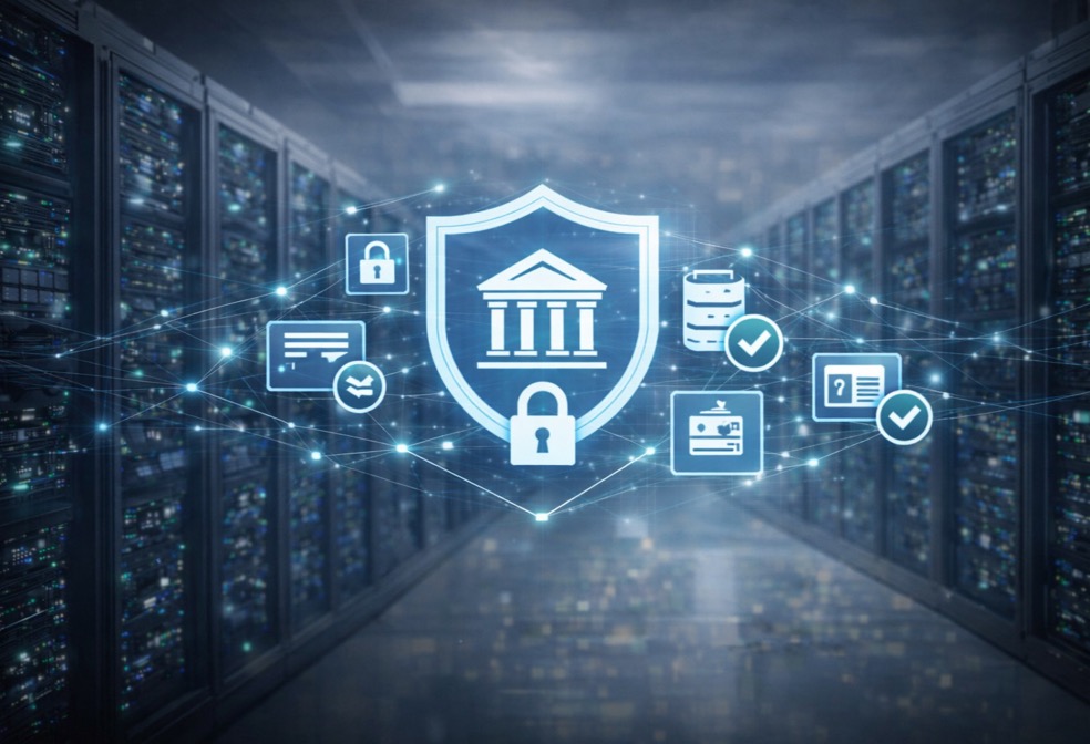 Secure data center with government security shield and compliance verification icons